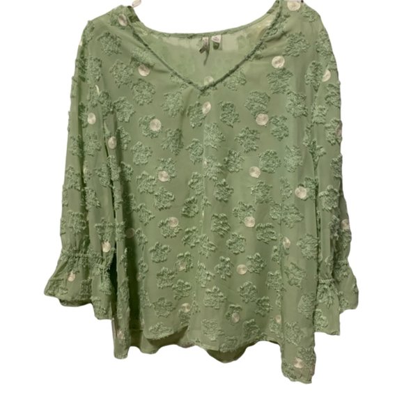 Tops - Flouncy Breezy Sheer Green Pokadot Blouse XL